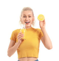 Wall Mural - Beautiful young woman with orange juice on white background