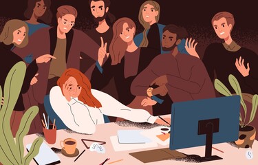 Aufkleber - Stressed woman failed to meet deadline. Angry colleagues standing over creative worker pressuring and criticizing, complicating work with restrictions and conflicting tasks. Flat vector illustration