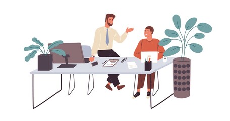 Poster - Office workers or clerks chatting during break time at workplace. Smiling men talking at office desk. Informal communication between colleagues. Flat vector illustration isolated on white background