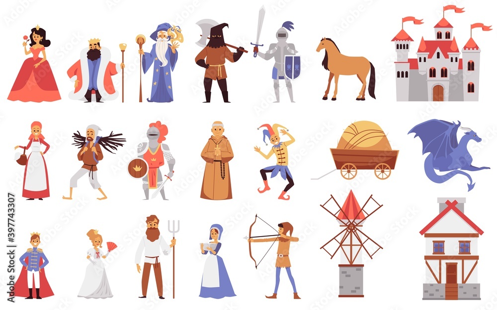 Medieval Races Medieval people - isolated set of cartoon fairytale characters Stock ...