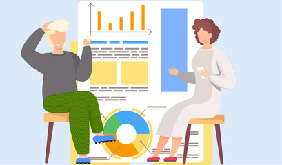 Fototapete - Smiling girl with cards in her hands. Couple sits playing a game. Man thinks over the next move. Office work management. Data analysis. Statistical pie charts in background. Statistics and anatytics