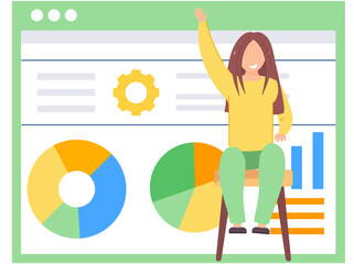 Fototapete - Happy girl sitting on a chair and raising her hand up. Adolescent learning activity indicators. Data analysis concept. Statistical graph with indicators. Billboard with inscriptions and a pie chart