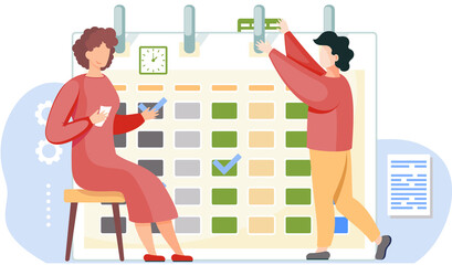 Fototapete - Girl in red dress is sitting with cards in her hands. The guy is adjusting the poster holders. Timetable or a calendar on the background. Woman thinks over the next move. Office work management