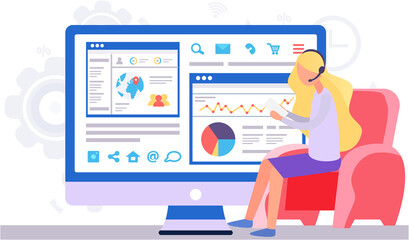 Fototapete - Woman works with financial data and statistics. Girl in headphones is reading the text. Screen with graphs and charts in the background. Female character sitting with a sheet of paper in her hands