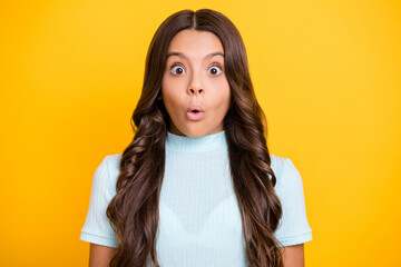 Sticker - Photo of lovely shocked crazy young lady information reaction wear blue t-shirt isolated on bright shine color background