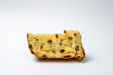 slice of panettone on white background
