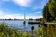 Panoramic view of Zegrzynskie Reservoir Lake and Narew river with yachts and boats in Zegrze resort town in Mazovia region, near Warsaw, Poland