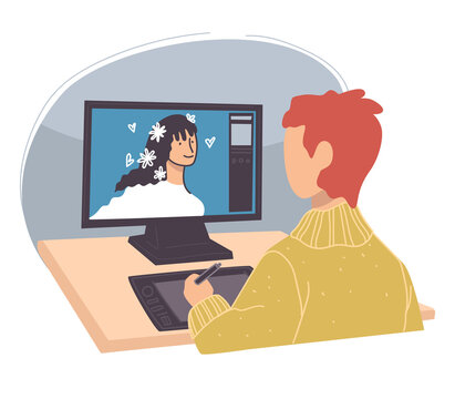 Graphic designer or retoucher drawing on computer