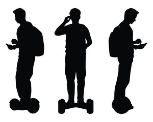 Set of young man on moving segway silhouette vector, transportation.