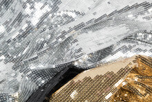 Beautiful Sequin Embroidery On Fabric Tulle Mesh. Abstract Ornamental Curls. Textile Industry Black White Background
