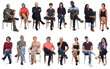 © Curto - front view of a group of people wiith legs crossed on white background