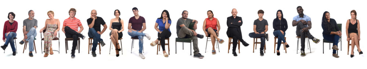 Wall Mural - line of a front view of a group of people wiith legs crossed on white background