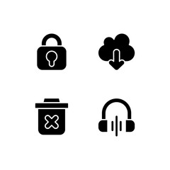 Sticker - Modern interface black glyph icons set on white space. Downloading information from remote cloud server. Music listening. Blocking different functions. Silhouette symbols. Vector isolated illustration