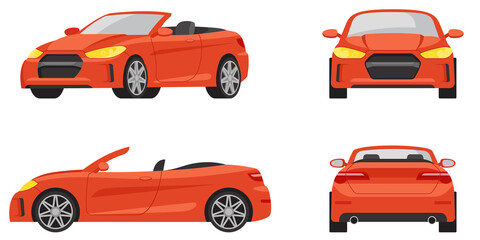 Cabriolet in different angles. Red automobile in cartoon style.