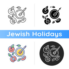 Wall Mural - Apples and honey pot icon. Traditional celebratory dish. Rosh Hashanah traditions. Jewish New Year Day. Festive meal. Linear black and RGB color styles. Isolated vector illustrations