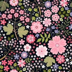 Wall Mural - Ditsy seamless pattern with beautiful pink flowers on black background. Print for fabric, textile, wrapping paper. Vector illustration.