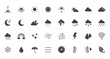 © nadiinko - Weather flat icons set. Sun, rain, thunder storm, dew, wind, snow cloud, night sky black minimal vector illustrations. Simple glyph silhouette signs for web, forecast app