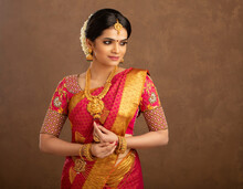 Beautiful Indian Young Hindu Bride Against Brown Background In Studio Shot