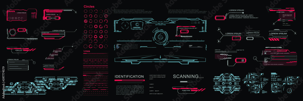 Set HUD elements. HUD Futuristic user interface. Virtual graphical user screen with options and settings for HUD, GUI, UI. Cyber interface with screens and HUD elements