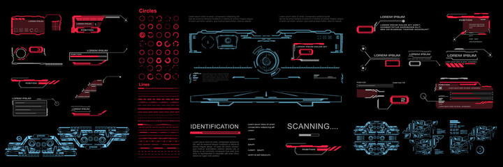 Poster - Set HUD elements. HUD Futuristic user interface. Virtual graphical user screen with options and settings for HUD, GUI, UI. Cyber interface with screens and HUD elements