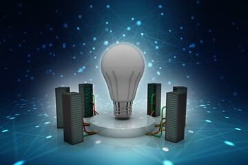 Poster - 3d illustration Data center server with cfl bulb