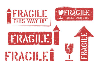 Wall Mural - Fragile, this way up, handle with care grungy box signs and symbols for cargo and delivery. Vector illustration with arrow and glass imprints