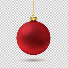 Christmas Red Bauble Ball Hanging On A Ribbon Isolated On Background. Vector Illustration.