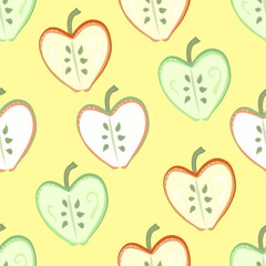 Wall Mural - Seamless vector repeating fruit pattern of cross sectioned red and green apples on a lemon background. Great for summer and autumn projects, this makes a quirky fabric or surface print