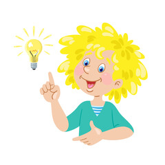 Canvas Print - A good idea! Happy girl shows finger up and a light bulb as a symbol of creative solution. In cartoon style. Isolated on white background. Vector flat illustration.