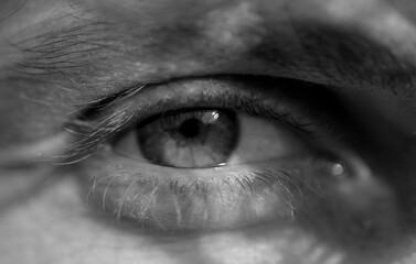 Black and white portrait of a handsome guy. Eye close-up macro shot. Background. 