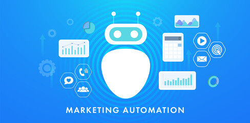 Fototapete - AI Marketing Automation - digital business technology process concept. Horizontal flat vector illustration with robot, graphics and charts and conceptual marketing icons
