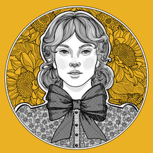 Black And White Beautiful Girl With Lush Sunflowers On Yellow Gold Background
