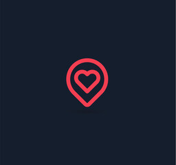 Fototapete - Pin button with red heart linear icon, map pointer, favorite places. Love pointer, dating service, love search service logo concept. isolated vector minimal design