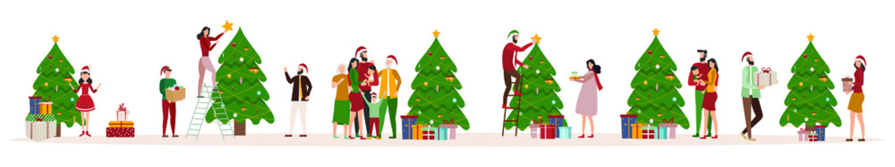 Wall Mural - Seth, People decorate the Christmas tree with decorations, happy family near the Christmas tree and gifts, merry christmas, vector illustration