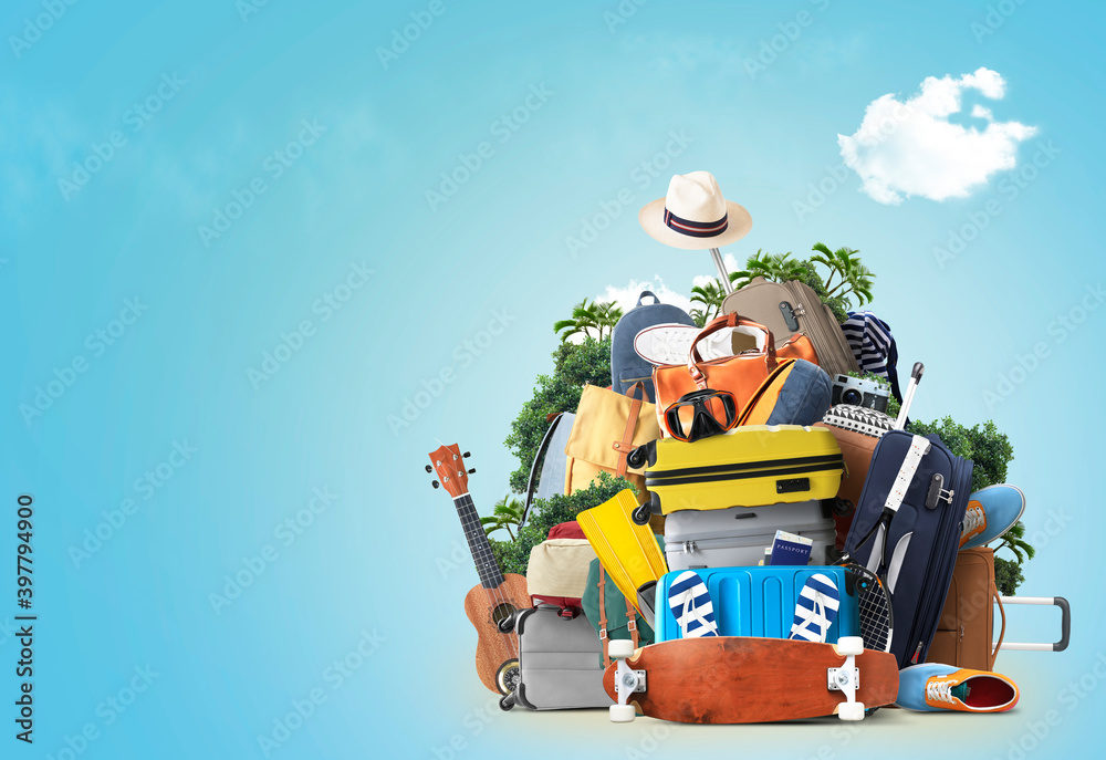 Vacation and travel concept with a suitcases and other accessories. Time to travel - obrazy, fototapety, plakaty 