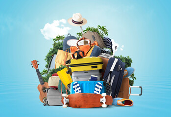 Vacation and travel concept with a suitcases and other accessories. Time to travel