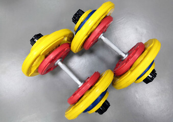 Prefabricated sports dumbbells on a gray background with multi-colored discs put on