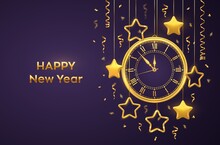 Happy New Year 2021. Golden Shiny Watch With Roman Numeral And Countdown Midnight, Eve For New Year. Purple Background With Shining Gold Stars. Merry Christmas. Xmas Holiday. Vector Illustration.