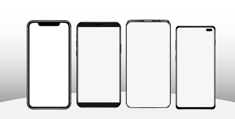 Poster - Realistic mobile phone mockup. Device set with modern thin frame and blank screen on transparent backgtound. 3d Smartphone mockup for show your app design. Front view of cellular display.