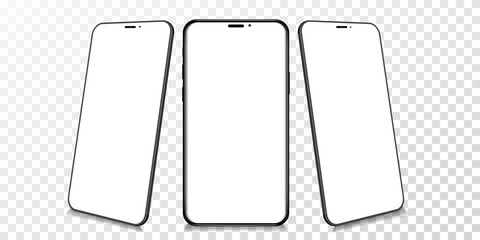 Poster - Realistic mobile phones in different angles isolated, Perspective view cell gadget with empty screen for showing ui ux app design or website.