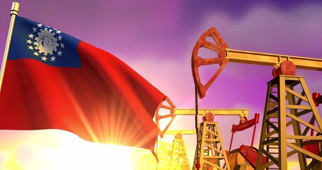 Wall Mural - Myanmar flag waving on background of oil wells pumping oil on sunset. Oil industry concept, 4K 3d animation