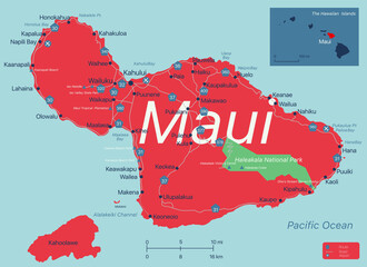 Sticker - Maui island detailed editable map with with cities and towns, geographic sites, roads, interstates and U.S. highways. Vector EPS-10 file, trending color scheme