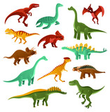 Fototapeta Dinusie - Funny dinosaurs. Collection of cartoon dinosaurs of different types. Funny animal of the Jurassic era isolated on white background. Vector illustrations