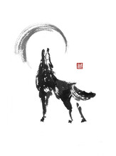 Howling Wolf Japanese Style Original Sumi-e Ink Painting.