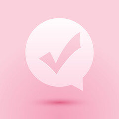 Poster - Paper cut Check mark in circle icon isolated on pink background. Choice button sign. Checkmark symbol. Speech bubble icon. Paper art style. Vector.