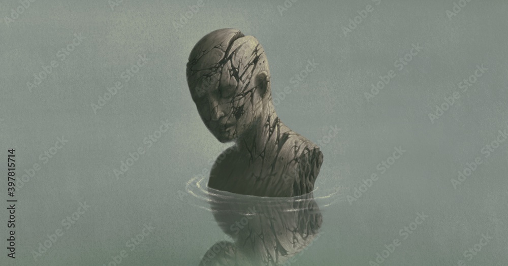 Depressed and lonely broken human sculpture in water, sad, depression, lost, alone, surreal painting, fantasy illustration - obrazy, fototapety, plakaty 