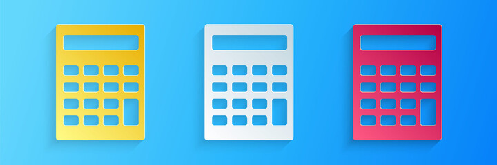 Leinwandbilder - Paper cut Calculator icon isolated on blue background. Accounting symbol. Business calculations mathematics education and finance. Paper art style. Vector.