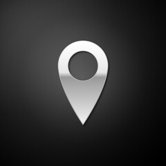 Fototapete - Silver Location icon isolated on black background. Pointer symbol. Navigation map, gps, direction, place, compass, contact, search concept. Long shadow style. Vector illustration