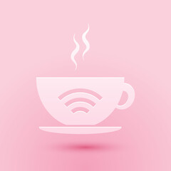 Poster - Paper cut Cup of coffee shop with free wifi zone icon isolated on pink background. Internet connection placard. Paper art style. Vector.