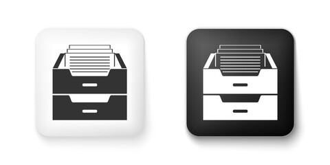 Poster - Black and white Drawer with documents icon isolated on white background. Archive papers drawer. File Cabinet Drawer. Office furniture. Square button. Vector.
